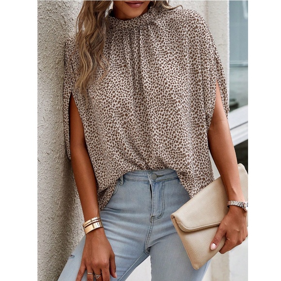 Spotted Print Beige Blouse Top Flowy, High Neck - Picture 2 of 13